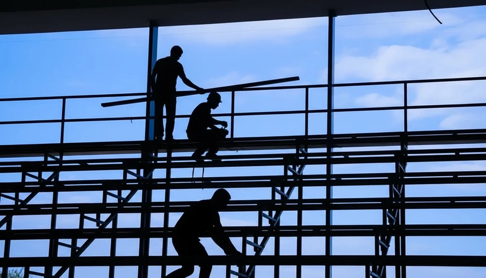 Chantier de construction en extérieur avec ouvriers en silhouette travaillant sur échafaudage métallique modulaire contre ciel bleu
