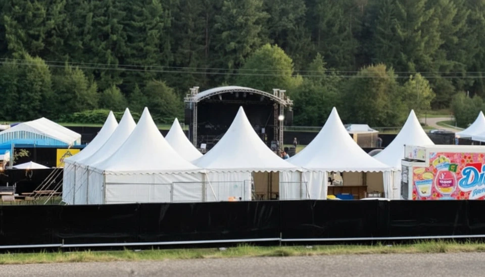 Trois comptoirs promotionnels blancs disposés sur fond vert, équipés de panneaux signalétiques rectangulaires surélevés sur tiges métalliques