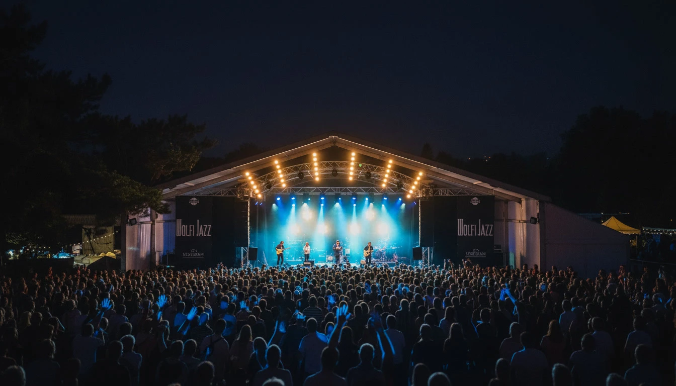 Sc&egrave;ne de soir&eacute;e dansante dans une salle de r&eacute;ception &eacute;clair&eacute;e, avec des invit&eacute;s dansant en arri&egrave;re-plan flou