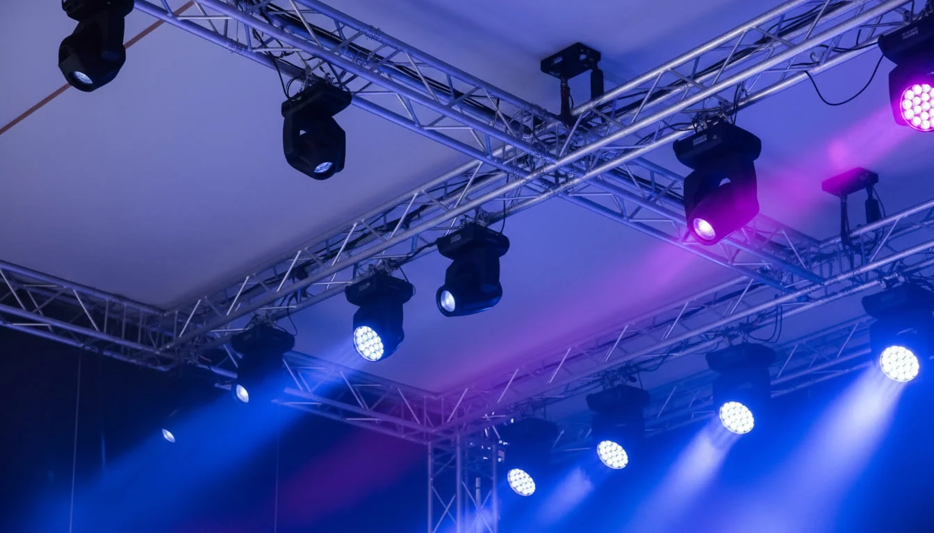 Scène intérieure d'installation technique professionnelle avec structures métalliques triangulées