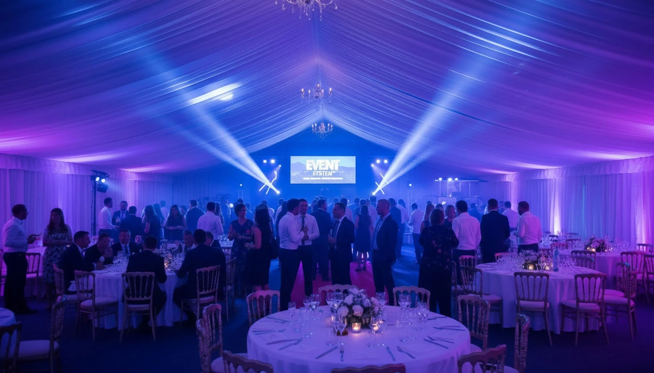Réception en plein air dans un jardin avec tente de réception illuminée, guirlandes lumineuses suspendues entre les arbres et structure en bois